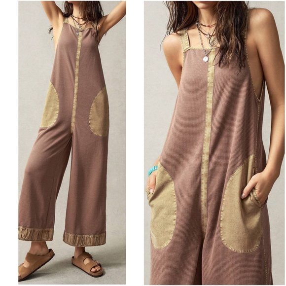 Boho Color Block Tie Back Wide Leg Pockets Jumpsuit - Picture 2 of 6